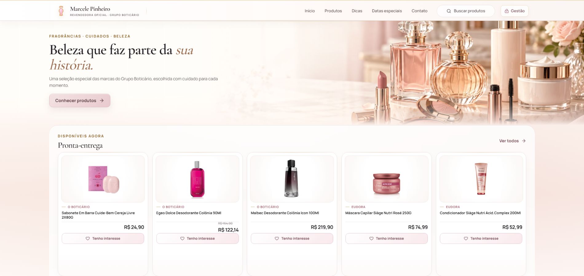 Página inicial da Marcele com apresentação, fotografia de produtos e vitrine de pronta-entrega